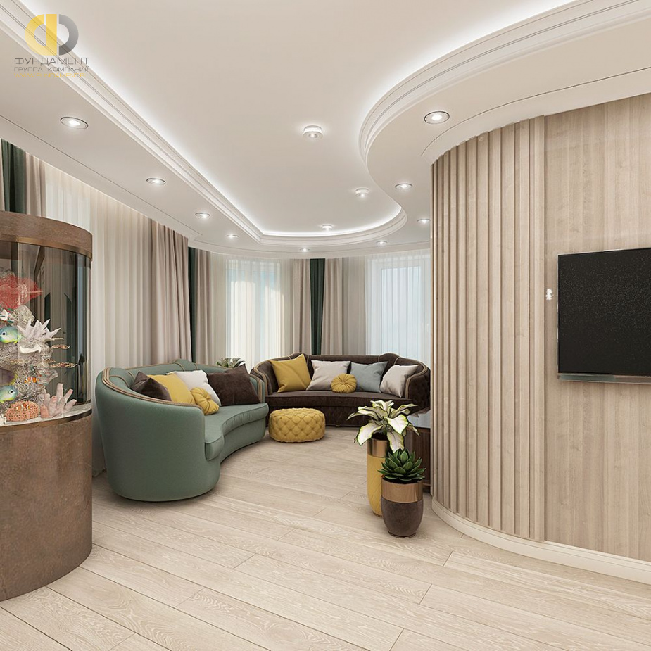 Дизайн интерьера гостиной в четырехкомнатной квартире 126 кв.м в стиле неоклассика