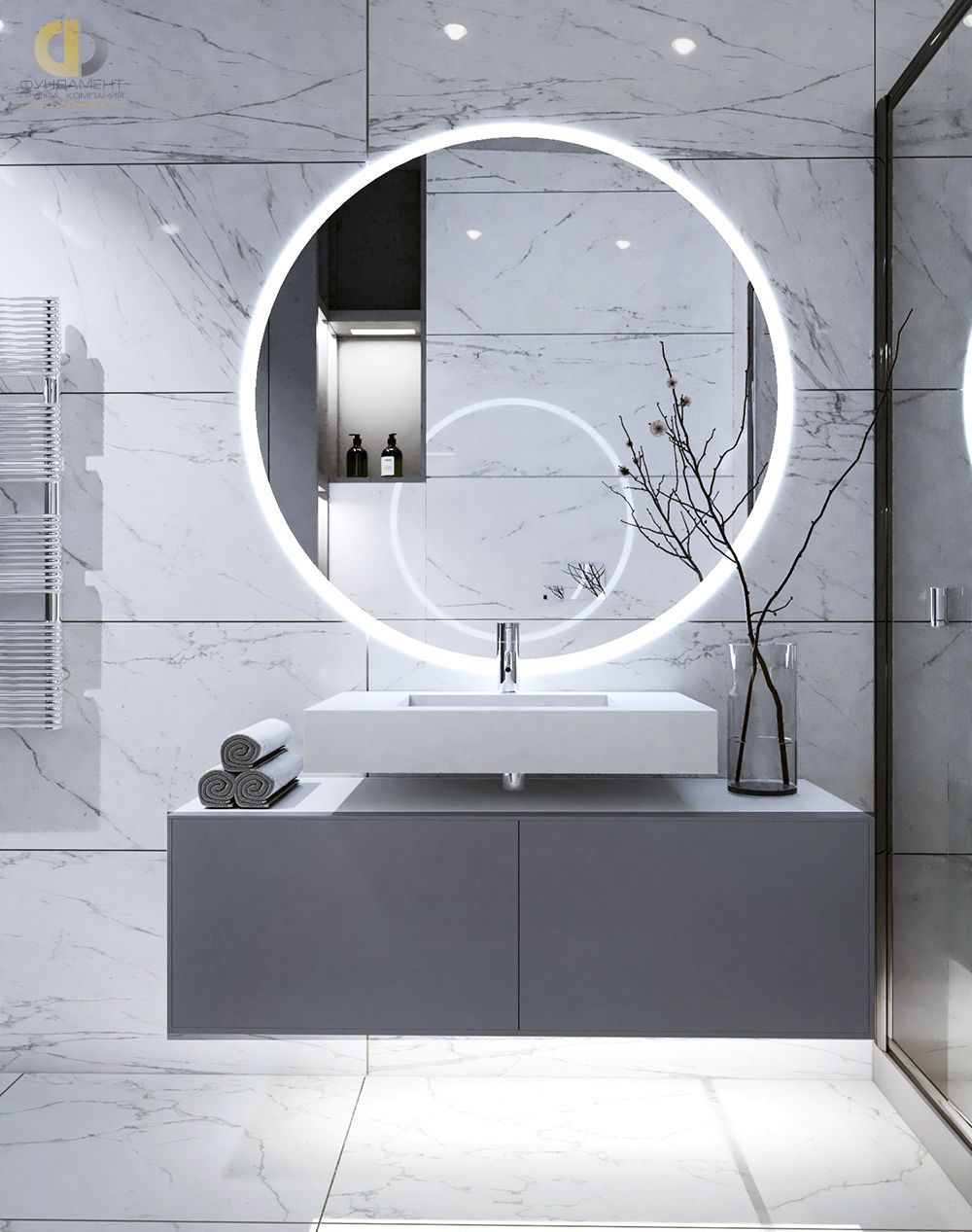 Черно-белая ванная в стиле японский минимализм