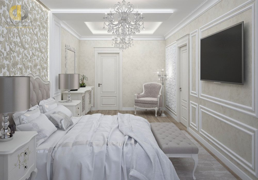 Спальня в стиле дизайна неоклассика по адресу г. Москва, ул. Наметкина, д. 18, 2018 года