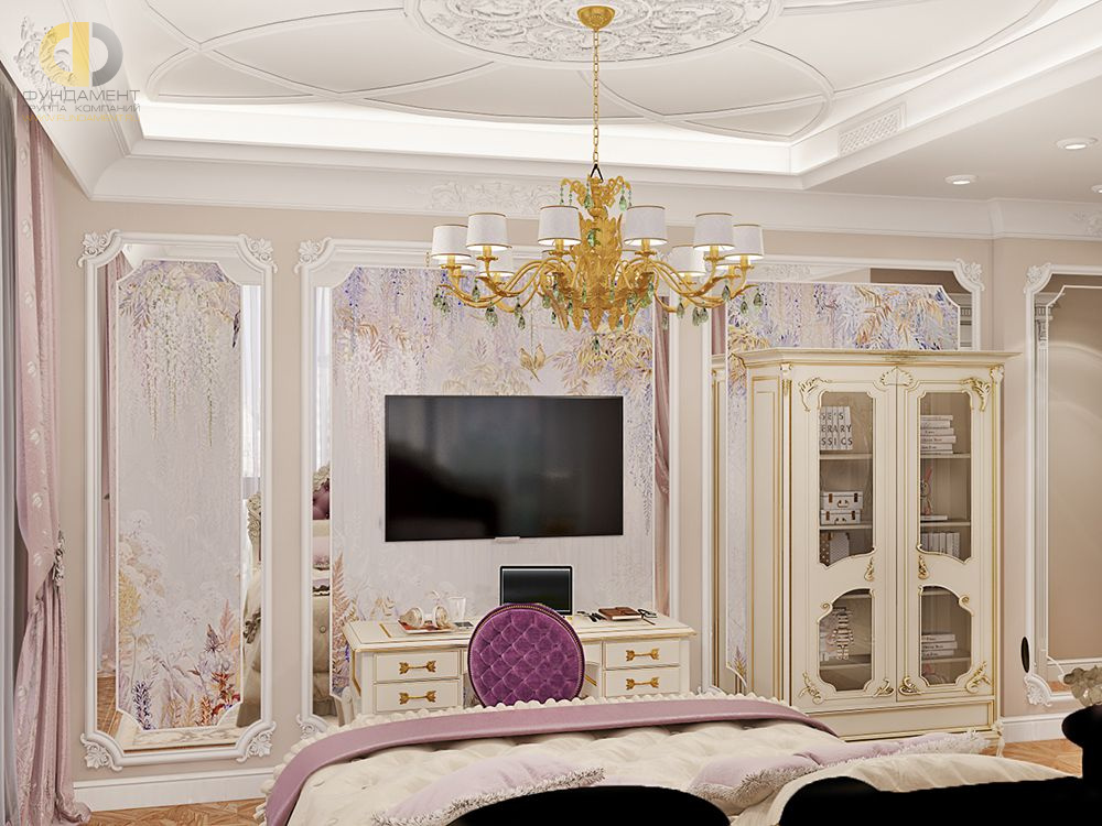 Спальня в стиле дизайна классицизм по адресу г. Москва, ул. 2-я Черногрязская, д. 6, корп. 3, 2020 года