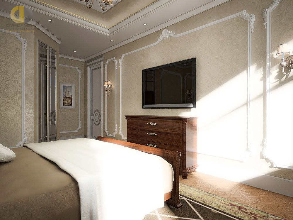 Спальня в стиле дизайна классицизм по адресу г. Москва, ул. Авиационная, д. 77, к. 2, 2018 года