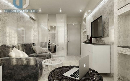 Дизайн гостиной в интерьере квартиры 97 кв. м в стиле минимализм на Марксистской