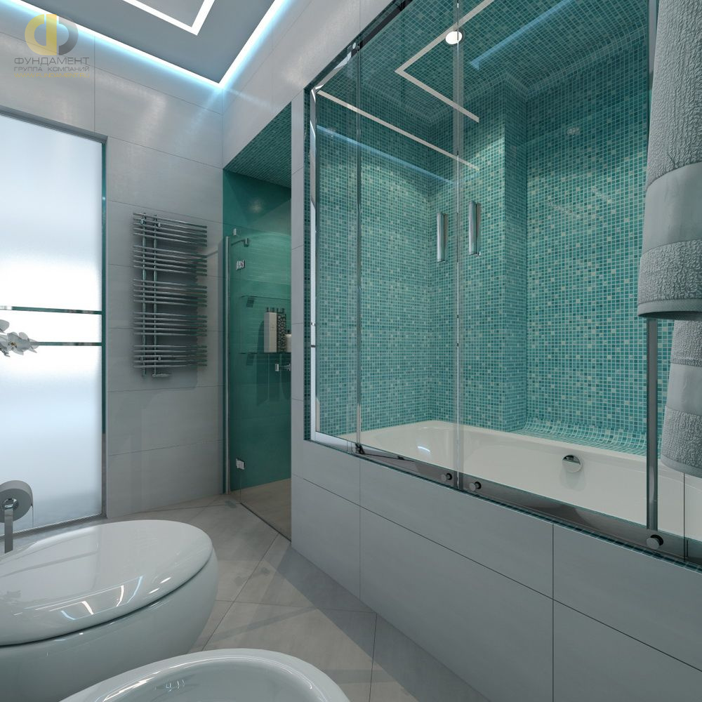 Бирюзовый цвет в интерьере ванной комнаты с душевой кабиной