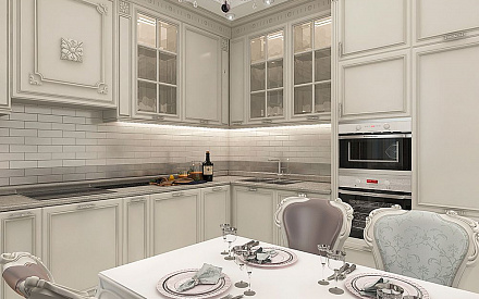 Дизайн интерьера кухни в трехкомнатной квартире 87 кв.м в классическом стиле
