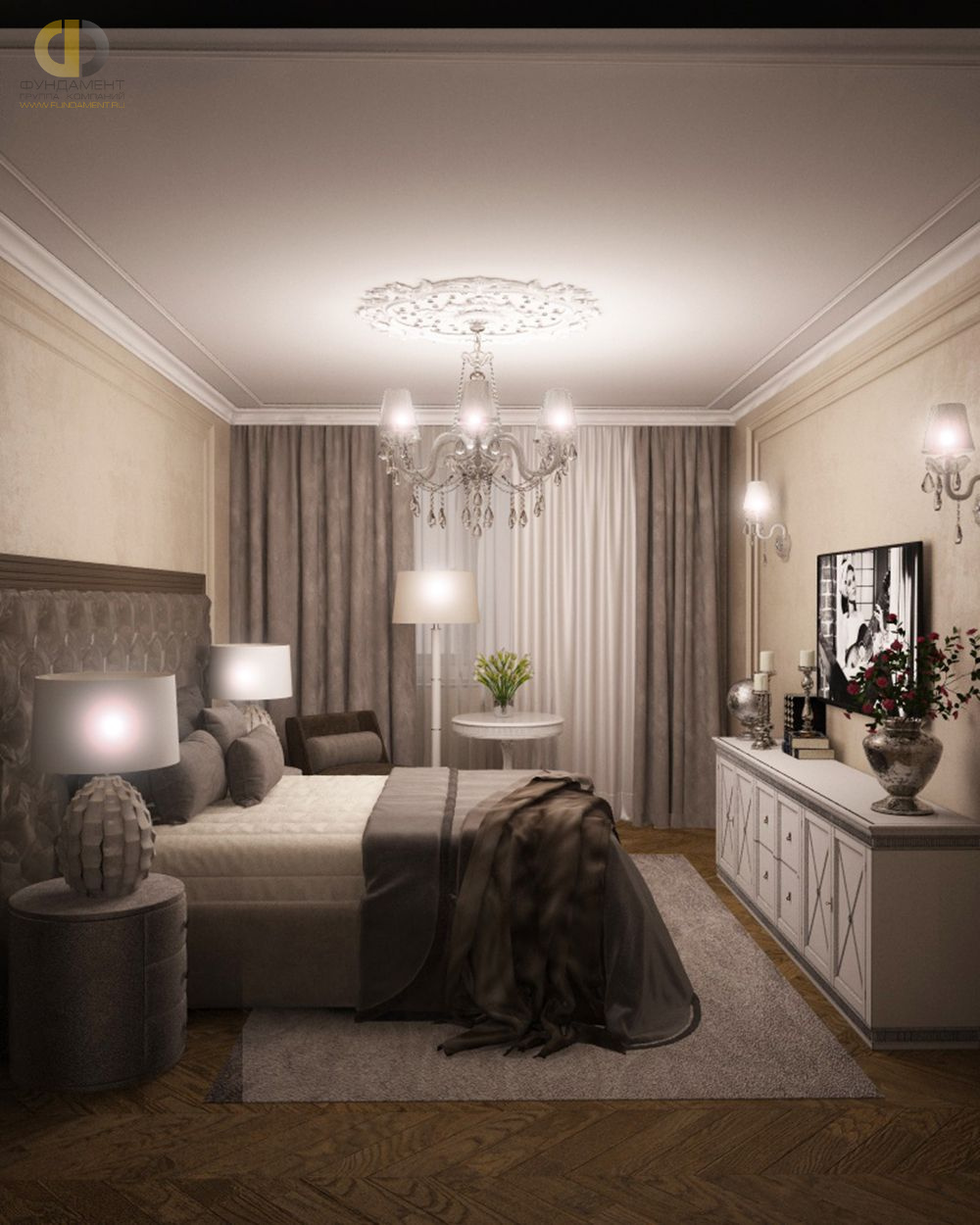 Спальня в стиле дизайна неоклассика по адресу г. Москва, 2-й Грайвороновский пр-д, д. 38, к. 1, 2019 года