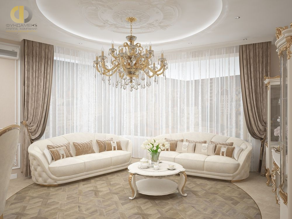 Дизайн интерьера гостиной в трёхкомнатной квартире 101 кв. м в стиле классицизм 12