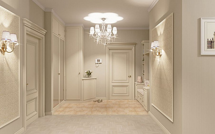 Дизайн интерьера коридора в трёхкомнатной квартире 134 кв.м в стиле современная классика