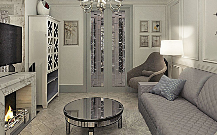 Дизайн интерьера гостиной в трёхкомнатной квартире 98 кв.м в стиле современная классика7
