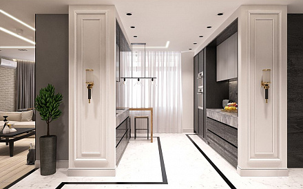 Дизайн интерьера кухни в трёхкомнатной квартире 106 кв.м в стиле хай-тек