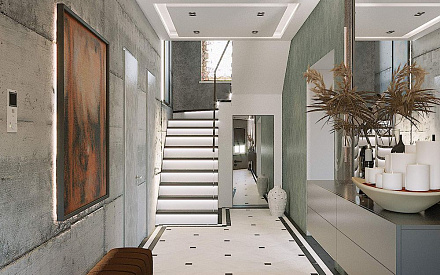 Дизайн интерьера коридора в доме 182 кв. м в современном стиле лофт и пэчворк 2