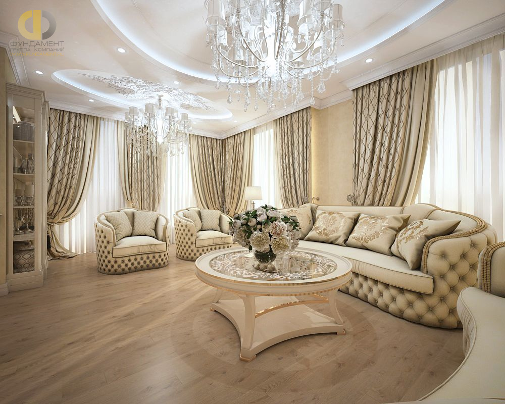 Гостиная в стиле дизайна классицизм по адресу г. Москва, Адмирала Макарова, д. 6Б, корп. 2, 2019 года