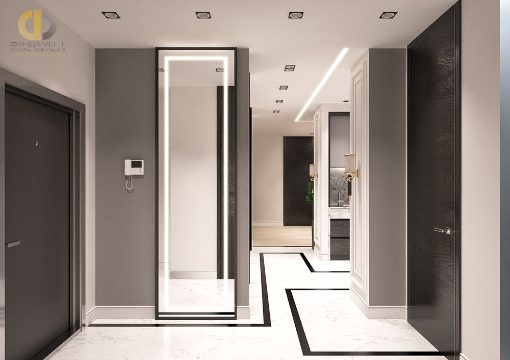Дизайн интерьера коридора в трёхкомнатной квартире 106 кв.м в стиле хай-тек