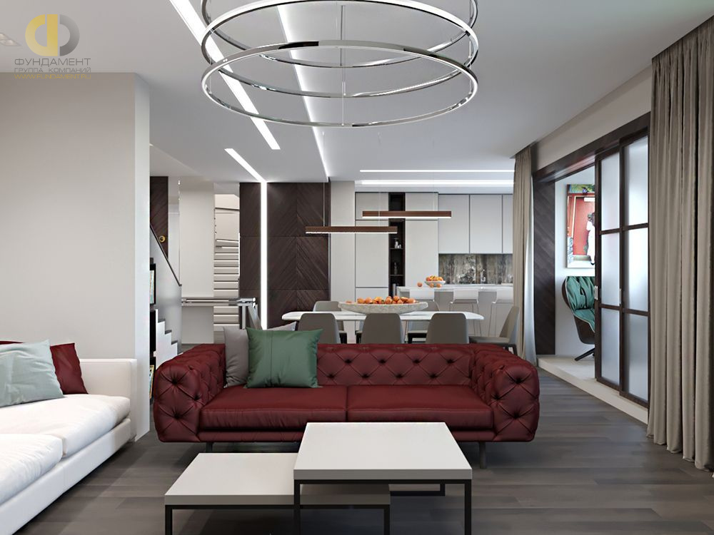 Дизайн интерьера гостиной в двухуровневой квартире 198 кв.м в современном стиле