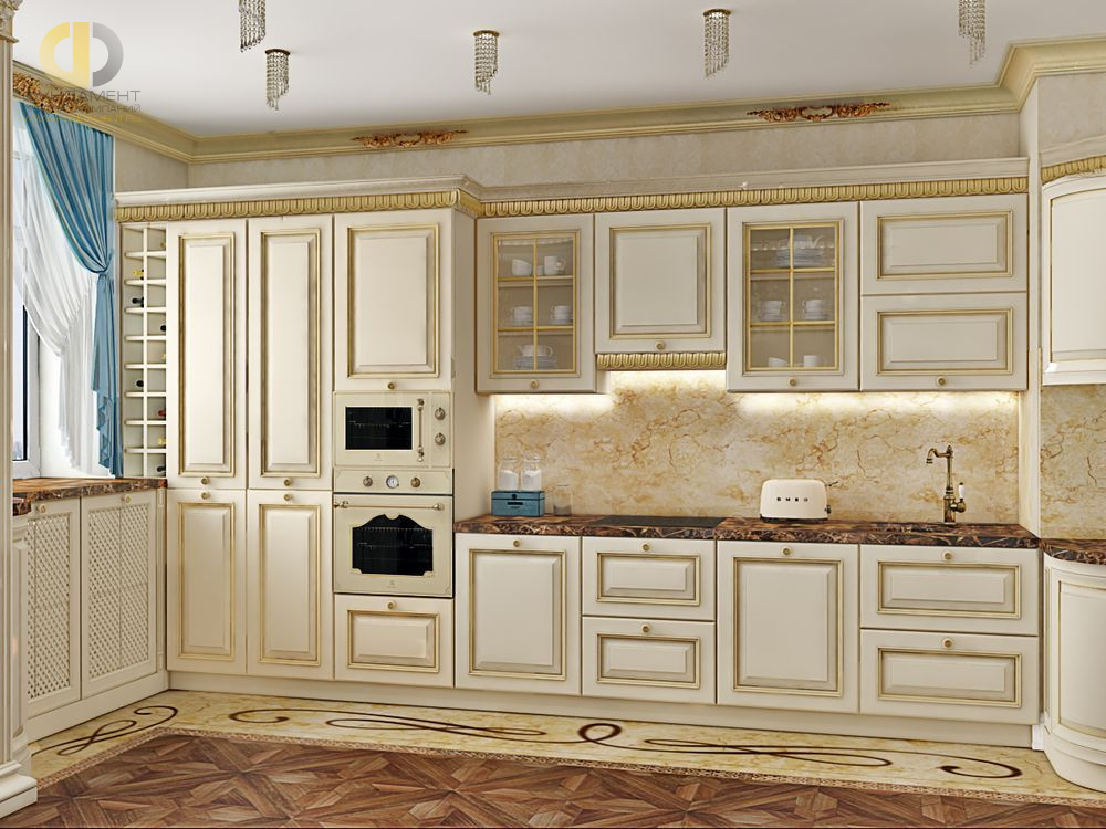 Кухня в стиле дизайна классицизм по адресу г. Москва, ул. Авиационная, д. 77, корп. 2, 2018 года