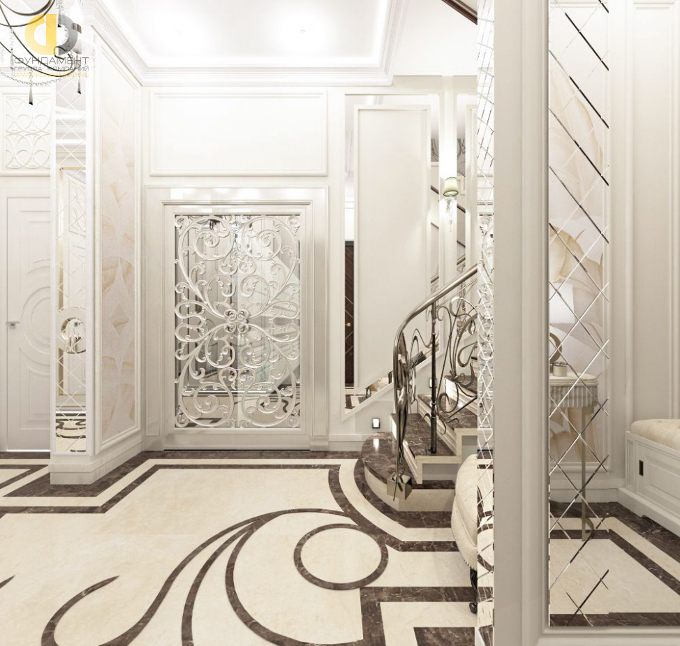 Дизайн интерьера коридора в двухуровневой квартире 118 кв.м в стиле неоклассика с элементами ар-деко 3