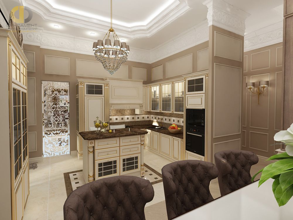 Дизайн интерьера кухни в 4-комнатной квартире 130 кв. м в классическом стиле