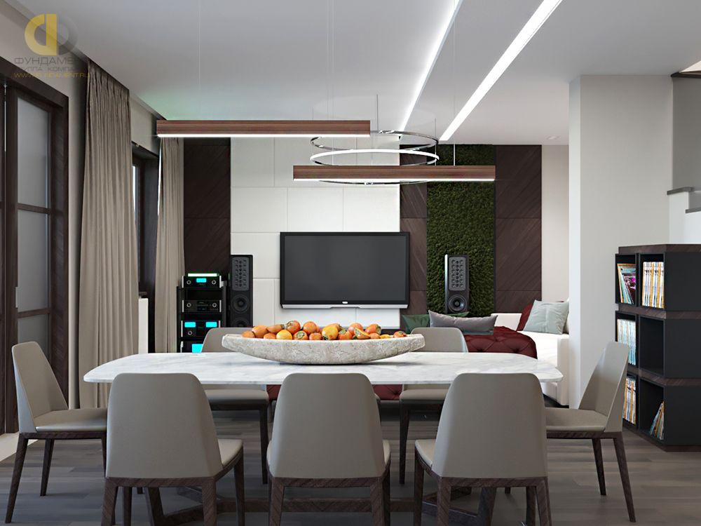 Дизайн интерьера столовой в двухуровневой квартире 198 кв.м в современном стиле