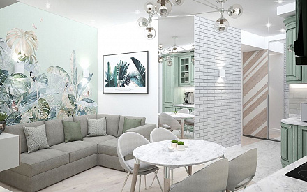 Дизайн интерьера гостиной в четырёхкомнатной квартире 66 кв.м в современном стиле с элементами прованса2