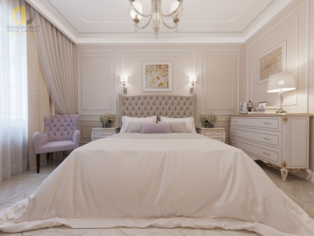 Спальня в стиле дизайна неоклассика по адресу г. Москва, ул. Мичуринский проспект, д. 26, 2019 года