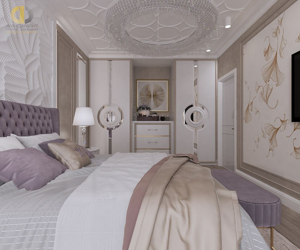 Спальня в стиле дизайна арт-деко (ар-деко) по адресу г. Москва, Дмитровское шоссе, дом 107, корп. 3, 2021 года