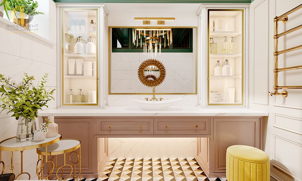 Дизайн интерьера ванной в трехкомнатной квартире 138 кв.м в стиле неоклассика с элементами ар-деко2
