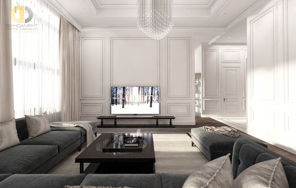 Дизайн интерьера гостиной в четырёхкомнатной квартире 165 кв.м в классическом стиле с элементами лофт9
