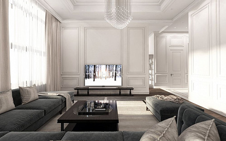 Дизайн интерьера гостиной в четырёхкомнатной квартире 165 кв.м в классическом стиле с элементами лофт9