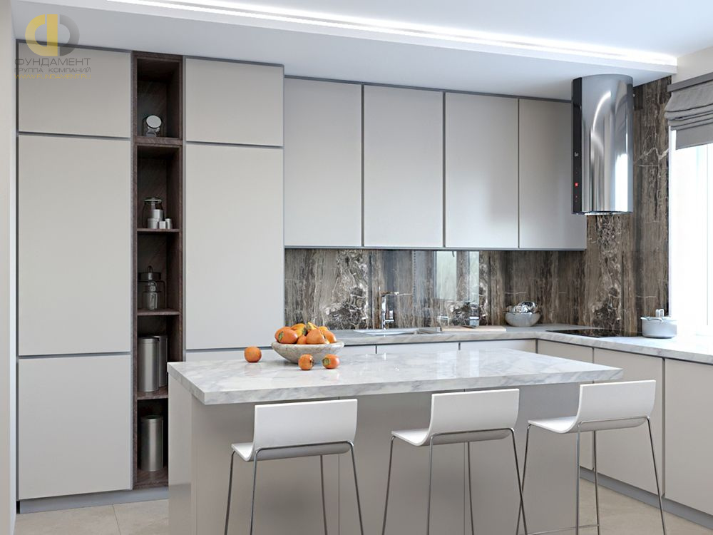Дизайн интерьера кухни в двухуровневой квартире 198 кв.м в современном стиле