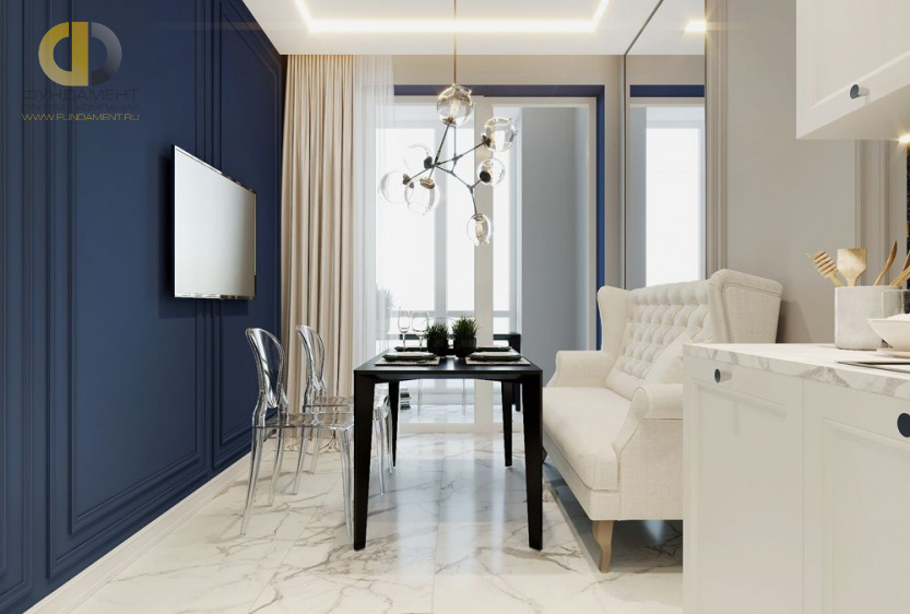 Дизайн интерьера гостиной в двухкомнатной квартире 47 кв.м в стиле современная классика3