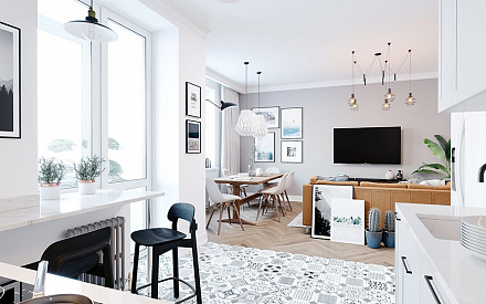 Дизайн интерьера кухни в 5-комнатной квартире 123 кв.м в скандинавском стиле