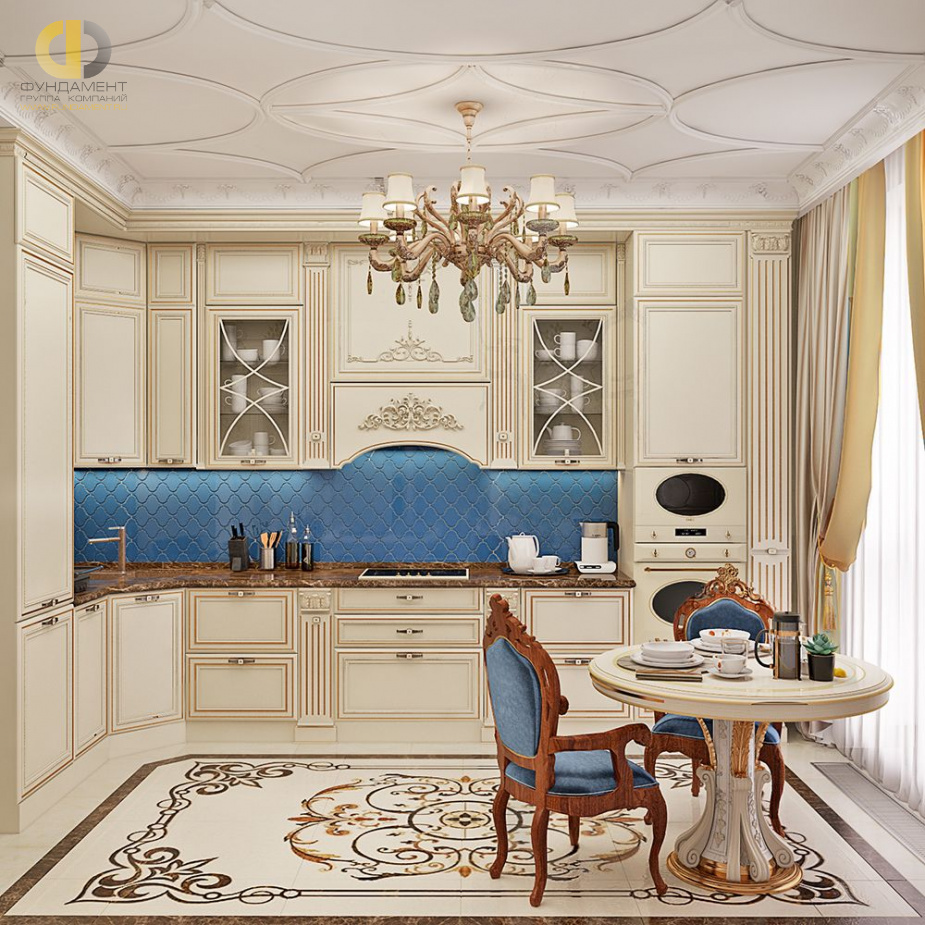 Дизайн интерьера кухни в четырёхкомнатной квартире 144 кв. м в стиле классицизм 33