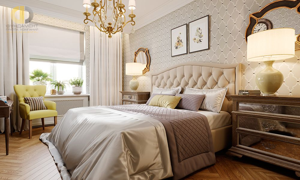Спальня в стиле дизайна классицизм по адресу г. Москва, ул. Космонавта Волкова, д. 92, 2018 года