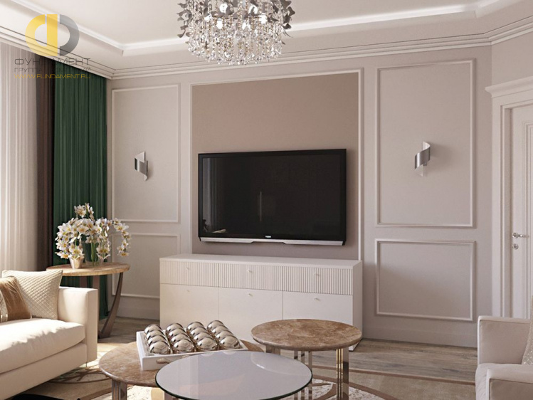 Дизайн интерьера гостиной в двухкомнатной квартире 81 кв.м в стиле неоклассика с элементами ар-деко10