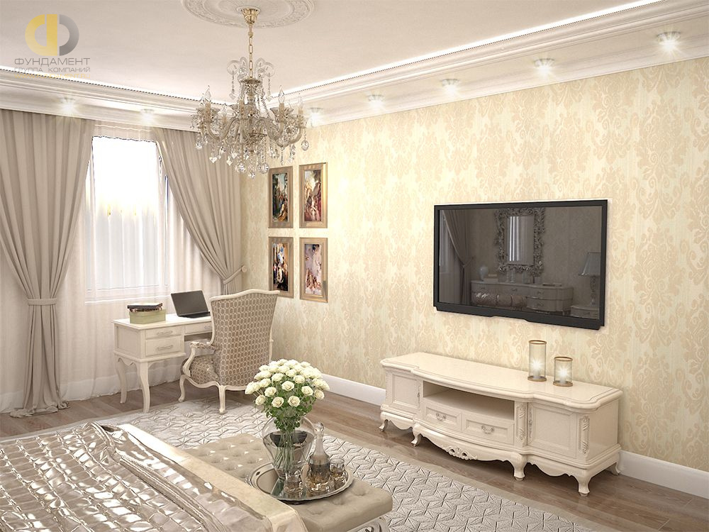 Спальня в стиле дизайна классицизм по адресу г. Москва, ул. Нагорная д. 5, к. 4, 2018 года