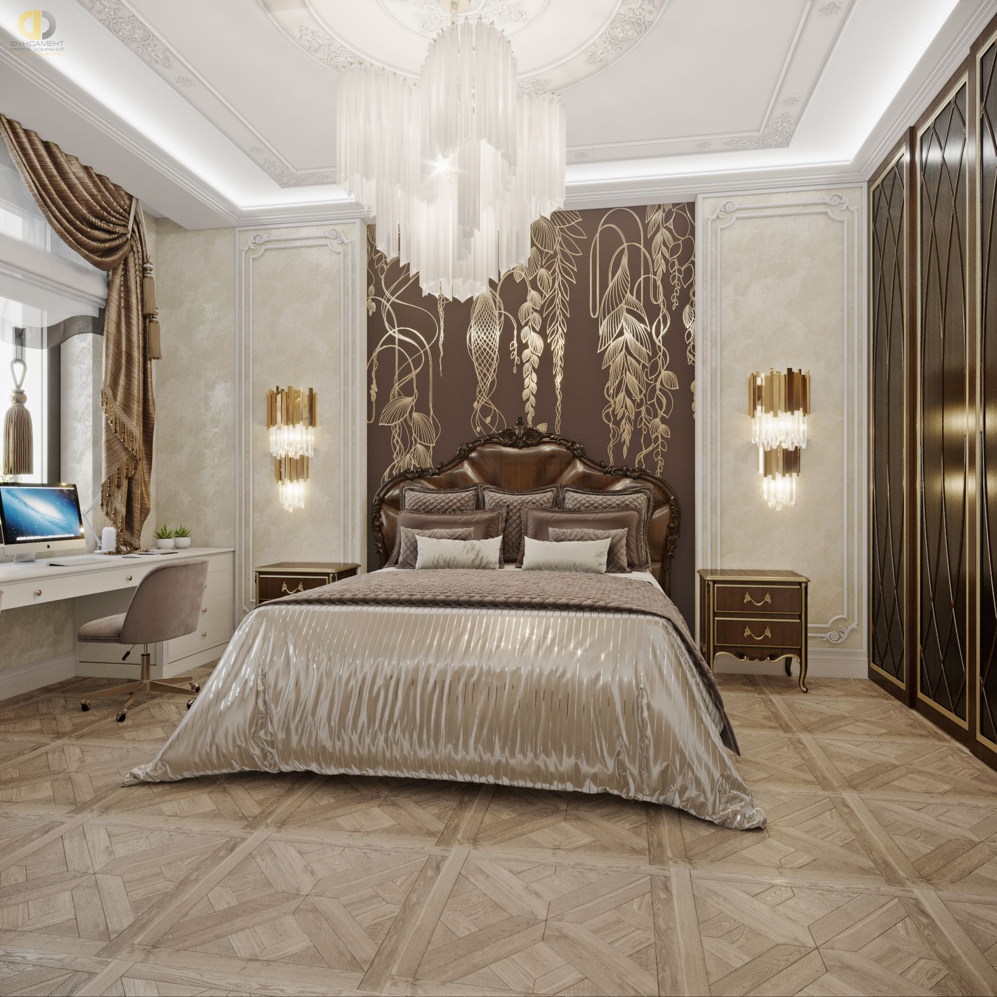 Спальня в стиле дизайна классицизм по адресу г. Москва, Хорошевское шоссе, дом 25А, стр. 1, 2021 года