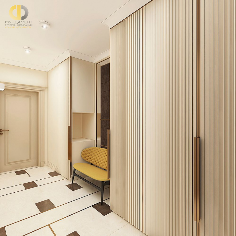 Дизайн интерьера коридора в четырехкомнатной квартире 126 кв.м в стиле неоклассика