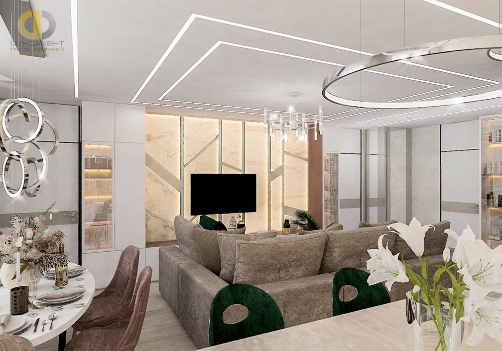 Дизайн интерьера гостиной в пятикомнатной квартире 108 кв. м в современном стиле 2