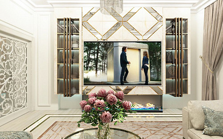 Дизайн интерьера гостиной в двухуровневой квартире 118 кв.м в стиле неоклассика с элементами ар-деко 6