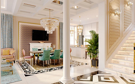Дизайн интерьера гостиной в трехкомнатной квартире 138 кв.м в стиле неоклассика с элементами ар-деко10