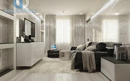 Дизайн гостиной в интерьере квартиры 97 кв. м в стиле минимализм на Марксистской