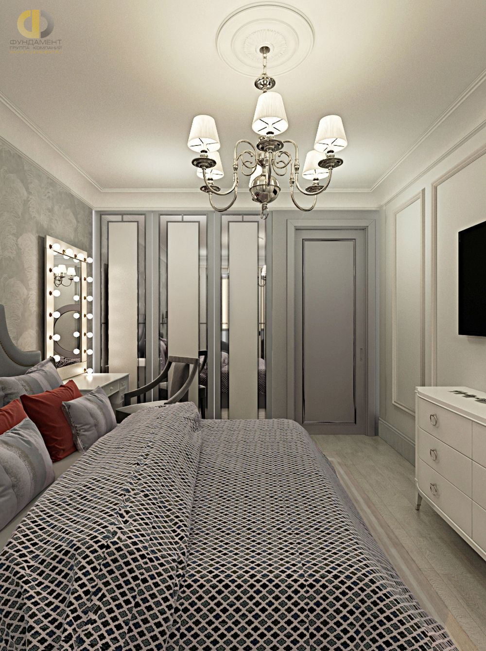 Спальня в стиле дизайна классицизм по адресу МО, г. Одинцово, ул. Сколковская, д. 3Б, 2019 года