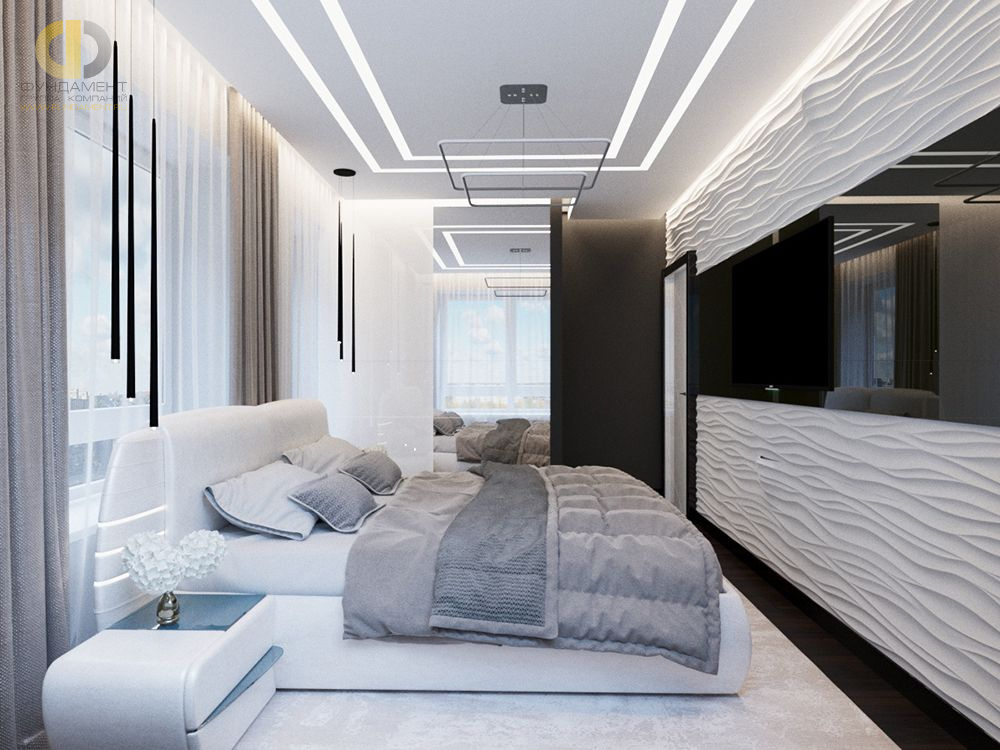 Черная-белая спальня в 3D-панелью в ТВ-зоне
