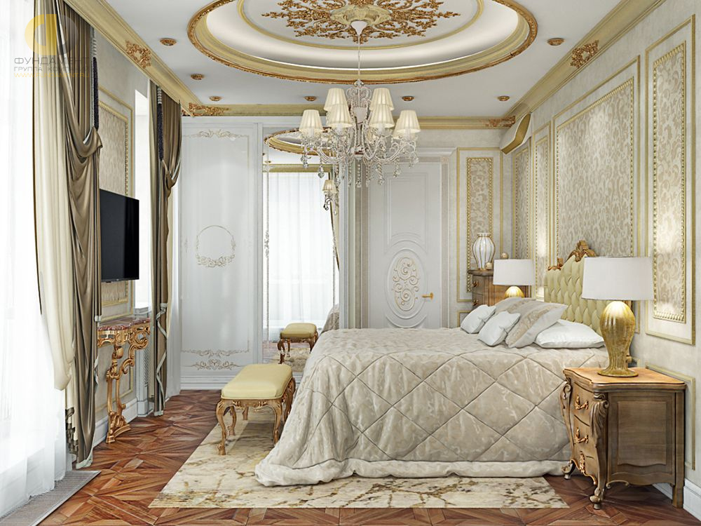 Спальня в стиле дизайна классицизм по адресу г. Москва, ул. Авиационная, д. 77, корп. 2, 2018 года